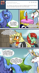 Size: 654x1200 | Tagged: safe, artist:pijinpyon, princess celestia, princess luna, oc, ask little luna, g4, cake, cakelestia, s1 luna, tumblr, wingding eyes