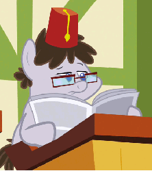 Size: 404x453 | Tagged: safe, screencap, truffle shuffle, earth pony, g4, ponyville confidential, animated, colt, cropped, desk, fez, foal, glasses, hat, male, newspaper, reading, solo