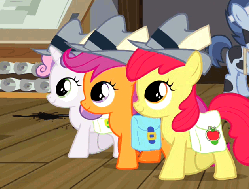 Size: 632x478 | Tagged: safe, screencap, apple bloom, scootaloo, shady daze, sweetie belle, earth pony, pegasus, pony, unicorn, g4, ponyville confidential, adorabloom, animated, cute, cutealoo, cutie mark crusaders, diasweetes, female, filly, gif, hat, press card, saddle bag, the killer exclusive