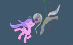 Size: 3200x2000 | Tagged: safe, artist:darkdoomer, diamond tiara, silver spoon, earth pony, pony, g4, boop, cables, cute, diamondbetes, female, headset, kissing, lesbian, ms paint, ship:silvertiara, shipping, technology, tied