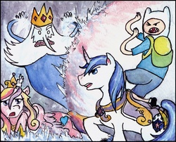 Size: 1572x1272 | Tagged: safe, artist:mirrankei, princess cadance, shining armor, pony, unicorn, g4, adventure time, crossover, finn the human, ice king, male, stallion