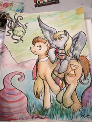 Size: 960x1280 | Tagged: safe, artist:mirrankei, derpy hooves, doctor whooves, time turner, earth pony, pegasus, pony, g4, female, mare, painting, traditional art