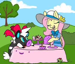 Size: 2263x1919 | Tagged: safe, artist:mt, fluttershy, blitzle, caterpie, g4, clothes, crossover, drink, food, messy, outdoors, pokémon, table, tea party