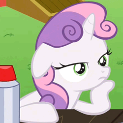 Size: 250x250 | Tagged: safe, screencap, sweetie belle, pony, unicorn, ponyville confidential, animated, cropped, female, filly, floppy ears, gif, juxtaposition bait, looking at you, meme, multi image animation, solo, sudden clarity sweetie belle