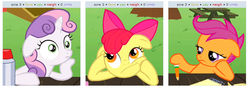 Size: 806x286 | Tagged: safe, screencap, apple bloom, scootaloo, sweetie belle, derpibooru, g4, ponyville confidential, bored, cutie mark crusaders, forced juxtaposition, juxtaposition, juxtaposition win, meme, sudden clarity sweetie belle, thinking bloom, triptych