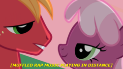 Size: 569x320 | Tagged: safe, edit, edited screencap, screencap, big macintosh, cheerilee, earth pony, pony, g4, hearts and hooves day (episode), breaking bad, descriptive noise, hearts and hooves day, male, meme, muffled rap music playing in distance, parody, ship:cheerimac, shipping, stallion, straight, subtitles