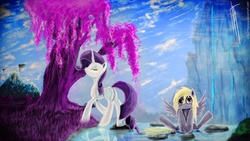 Size: 2500x1406 | Tagged: safe, artist:fearyzy, derpy hooves, rarity, pegasus, pony, unicorn, g4, female, mare
