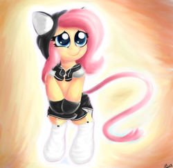 Size: 1380x1335 | Tagged: safe, artist:j151, fluttershy, pony, g4, bipedal, blushing, cat ears, cat hoodie, cat tail, clothes, cute, female, fluttercat, garter, hoodie, shyabetes, skirt, smiling, solo, stockings