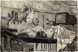 Size: 1500x1000 | Tagged: safe, artist:appleman86, oc, oc only, oc:gold gun, earth pony, pony, fallout equestria, blood bag, book, earth pony oc, female, gears, lying, mare, monochrome, pipbuck, reading, solo