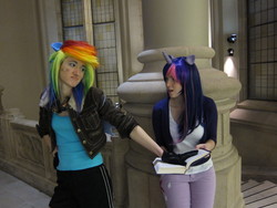 Size: 3648x2736 | Tagged: safe, artist:randomtues, rainbow dash, twilight sparkle, human, g4, cosplay, irl, irl human, photo