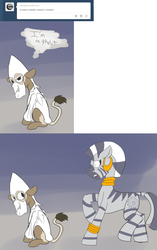 Size: 1151x1829 | Tagged: safe, artist:an everfree rat, zecora, oc, oc:marble patches, ghost, pegasus, pony, rat, zebra, g4, 2 panel comic, bald, bedsheet ghost, clothes, comic, costume, halloween, kkk, robes, shocked, tumblr, unintentional racism