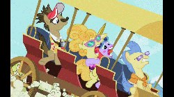 Size: 1280x720 | Tagged: safe, screencap, globe trotter, lemon chiffon, maybelline, winter wisp, earth pony, pony, g4, the mysterious mare do well, animated, camera, carriage, female, glasses, male, mare, screaming, stallion, sunglasses, visor, wagon