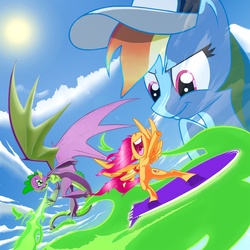 Size: 1034x1032 | Tagged: safe, artist:jennerdarkclaw, rainbow dash, scootaloo, spike, g4, older, older spike, wings