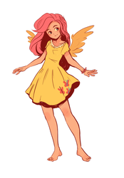 Size: 822x1179 | Tagged: safe, artist:osato-kun, fluttershy, human, g4, barefoot, clothes, cutie mark on clothes, dress, feet, female, humanized, solo, winged humanization