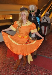 Size: 1113x1600 | Tagged: artist needed, safe, applejack, discord, human, g4, clothes, convention, cosplay, dress, irl, irl human, photo, sunglasses, youmacon, youmacon 2012
