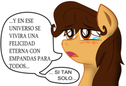 Size: 1280x868 | Tagged: safe, oc, oc only, oc:maría teresa de los ponyos paguetti, crying, mariareplies, solo, spanish