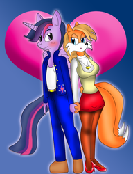 Size: 968x1258 | Tagged: safe, artist:odiz, twilight sparkle, anthro, g4, crossover, crossover shipping, dusk shine, female, male, miles "tails" prower, rule 63, shipping, sonic the hedgehog (series), stallion, stallion on vixen, straight, tailsko, twitails, vixen, wip