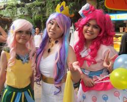 Size: 960x768 | Tagged: safe, artist:patdes, fluttershy, pinkie pie, princess celestia, human, g4, balloon, cosplay, irl, irl human, photo