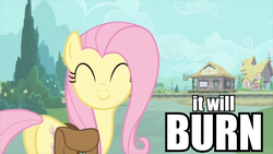 Size: 853x480 | Tagged: safe, fluttershy, g4, building, burn, caption, female, image macro, pyromaniac, saddle bag, smiling, solo