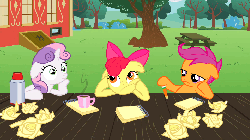 Size: 960x540 | Tagged: safe, screencap, apple bloom, scootaloo, sweetie belle, pony, unicorn, g4, ponyville confidential, animated, bored, cinemagraph, coffee, coffee mug, cutie mark crusaders, female, filly, floppy ears, hoof on chin, looking up, loop, mug, notepad, paper, pencil, pondering, squishy cheeks, table, thinking, thousand yard stare