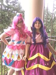 Size: 720x960 | Tagged: safe, pinkie pie, rarity, human, g4, clothes, cosplay, dress, gala dress, glasses, irl, irl human, photo