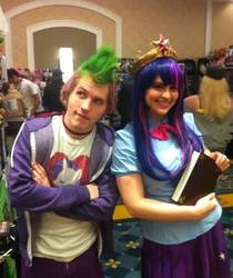 Size: 441x524 | Tagged: safe, artist:shelbeanie, spike, twilight sparkle, human, equestria girls, g4, banzaicon, big crown thingy, book, convention, cosplay, irl, irl human, photo