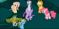 Size: 843x418 | Tagged: safe, applejack, fluttershy, pinkie pie, rainbow dash, rarity, twilight sparkle, alicorn, pony, g4, season 4, female, mane six, mare, twilight sparkle (alicorn)