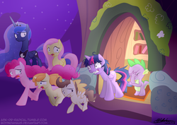 Size: 3507x2480 | Tagged: safe, artist:boyindahaus, fluttershy, pinkie pie, pound cake, princess luna, pumpkin cake, twilight sparkle, alicorn, pony, g4, cake twins, door, eyes closed, facepalm, female, frown, grin, gritted teeth, mare, messy mane, open mouth, running, scared, smiling, twilight snapple, twilight sparkle (alicorn), wide eyes