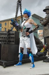 Size: 1000x1504 | Tagged: safe, artist:phillarkm, dj pon-3, vinyl scratch, human, g4, bass cannon, cosplay, crossdressing, crossplay, headphones, irl, irl human, knee pads, london mcm expo, photo, solo