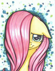 Size: 1684x2198 | Tagged: safe, artist:frostykat13, fluttershy, g4, female, hair over one eye, looking at you, portrait, solo, traditional art