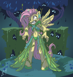 Size: 846x900 | Tagged: safe, artist:atryl, fluttershy, anthro, unguligrade anthro, g4, the best night ever, armpits, belly button, clothes, dress, eyes, female, flutterrage, gala dress, garden, green underwear, hooves, insanity, midriff, panties, rapeface, scared, scene interpretation, solo, torn clothes, underwear