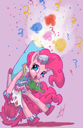 Size: 422x650 | Tagged: safe, artist:atryl, gummy, pinkie pie, alligator, reptile, anthro, unguligrade anthro, g4, belly button, clothes, confetti, cute, diapinkes, dress, female, gala dress, midriff, panties, partillery, party cannon, streamers, underwear