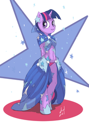 Size: 729x1000 | Tagged: safe, artist:atryl, twilight sparkle, anthro, unguligrade anthro, g4, belly button, clothes, dress, female, gala dress, hooves, midriff, panties, solo, underwear