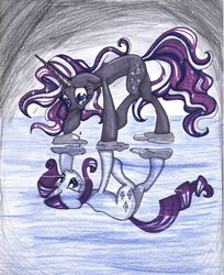 Size: 1704x2090 | Tagged: safe, artist:frostykat13, nightmare rarity, rarity, g4, crying, duality, reflection, traditional art
