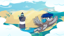 Size: 1920x1080 | Tagged: safe, artist:pepooni, oc, oc only, pegasus, pony, flying, lighthouse, male, solo, stallion, swift flying