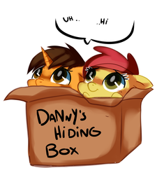 Size: 1277x1358 | Tagged: safe, artist:pepooni, oc, oc only, oc:nemo, oc:peppy pines, pony, unicorn, box, cardboard box, female, hi, male, mare, stallion