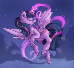 Size: 1280x1173 | Tagged: safe, artist:askpopcorn, twilight sparkle, alicorn, pony, g4, female, flying, magic, mare, night, solo, stars, twilight sparkle (alicorn)