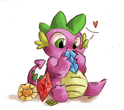 Size: 1063x945 | Tagged: safe, artist:askpopcorn, spike, dragon, g4, baby, baby dragon, chubby, cute, eating, gem, heart, jewels, male, solo, spikabetes