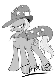 Size: 848x1200 | Tagged: safe, artist:kazemotoshinshi, trixie, pony, unicorn, g4, female, grayscale, mare, pixiv, solo