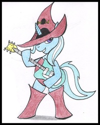 Size: 520x651 | Tagged: safe, artist:rdk, trixie, pony, unicorn, g4, clothes, crossover, female, guilty gear, guitar, hat, hilarious in hindsight, i-no, mare, solo, traditional art