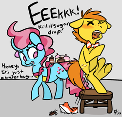 Size: 790x758 | Tagged: safe, artist:mt, carrot cake, cup cake, cockroach, earth pony, insect, pony, g4, dialogue, entomophobia, female, gray background, husband and wife, male, mare, scared, simple background, stallion, stool, the cakes