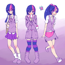 Size: 2500x2500 | Tagged: safe, artist:applestems, twilight sparkle, human, parasprite, g4, .psd available, blushing, clothes, humanized, miniskirt, ponytail, scarf, skirt, socks, thigh highs, thigh socks