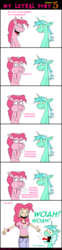 Size: 660x2651 | Tagged: safe, artist:hellarmy, lyra heartstrings, pinkie pie, earth pony, human, pony, unicorn, comic:my lethal pony, g4, belt, bracelet, clothes, comic, denim, dialogue, ear piercing, earring, female, horn, human coloration, human female, humanized, jeans, jewelry, mare, open mouth, open smile, pants, piercing, pony to human, russian, smiling, tongue out, transformation, translation