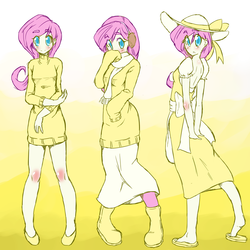 Size: 2500x2500 | Tagged: safe, artist:applestems, fluttershy, human, g4, .psd available, clothes, colored pupils, cute, dress, earmuffs, female, hat, humanized, long skirt, multeity, scarf, shyabetes, skirt, solo, sweater, sweatershy