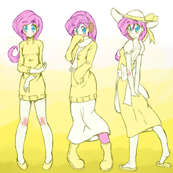 Size: 2500x2500 | Tagged: dead source, safe, artist:applestems, fluttershy, human, g4, .psd available, clothes, colored pupils, cute, dress, earmuffs, female, hat, humanized, long skirt, multeity, scarf, shyabetes, skirt, solo, sweater, sweatershy