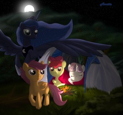 Size: 1500x1406 | Tagged: dead source, safe, artist:anna-krylova, apple bloom, princess luna, scootaloo, sweetie belle, g4, camping, cutie mark crusaders, night, tent