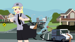 Size: 1920x1080 | Tagged: safe, artist:garretthegarret, derpy hooves, human, g4, car, clothes, destruction, driving, humanized, mail, uniform, van, working