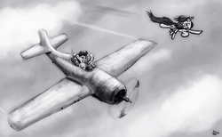 Size: 900x556 | Tagged: safe, artist:sevoohypred, rainbow dash, scootaloo, g4, flying, monochrome, plane, scootaloo can fly, scootalove