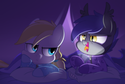 Size: 2000x1340 | Tagged: safe, artist:equestria-prevails, oc, oc only, oc:cloud skipper, oc:midnight blossom, bat pony, pony, clothes, cloudblossom, colt, cute, dark, derp, female, filly, flashlight (object), footed sleeper, making faces with a flashlight, male, nose wrinkle, pajamas, sleepover, tent, younger, zipper