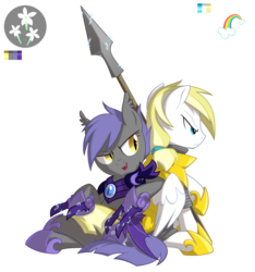 Size: 3000x3200 | Tagged: safe, artist:equestria-prevails, oc, oc only, oc:cloud skipper, oc:midnight blossom, bat pony, pony, armor, cloudblossom, cute, cute little fangs, duo, female, guardsmare, hoof blades, male, mare, night guard, royal guard, simple background, solar guard, spear, straight, transparent background